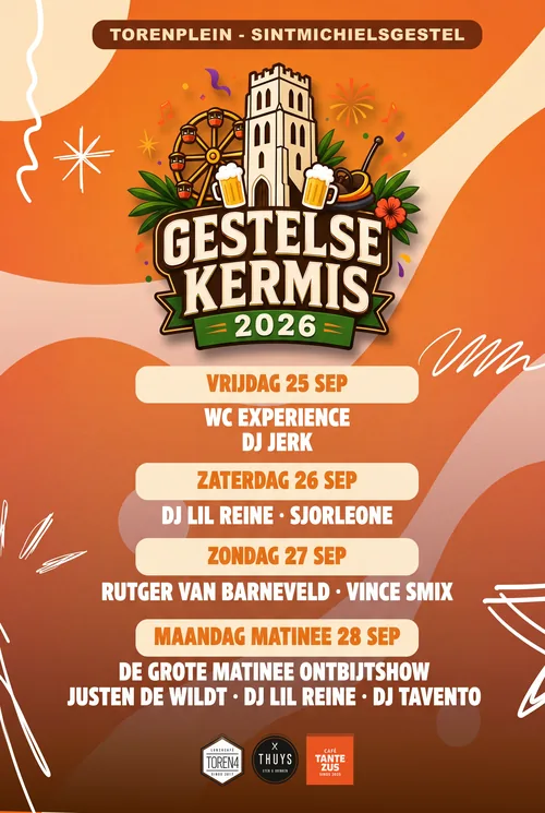 Programmaposter van de Gestelse Kermis 2026 in Sint-Michielsgestel met alle vier de dagen