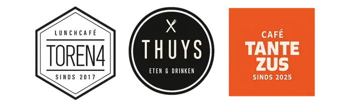 Logo's van de partners van de Gestelse Kermis: Lunchcafé Toren4, Thuys Eten & Drinken en Café Tante Zus